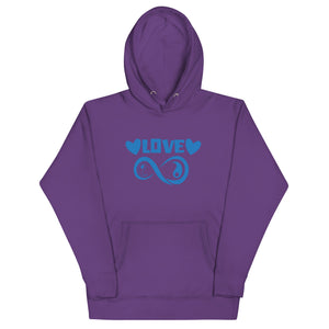 Infinite Love design on a purple unisex hoodie, front view