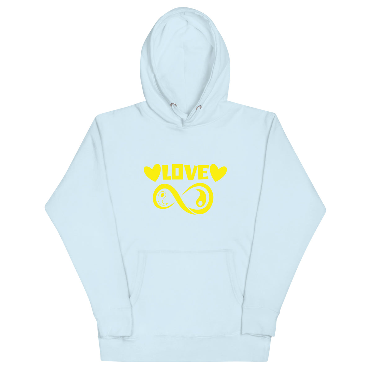Infinite Love design on a sky blue unisex hoodie, front view