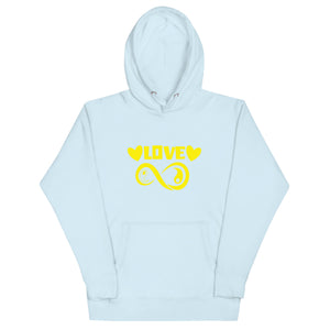 Infinite Love design on a sky blue unisex hoodie, front view