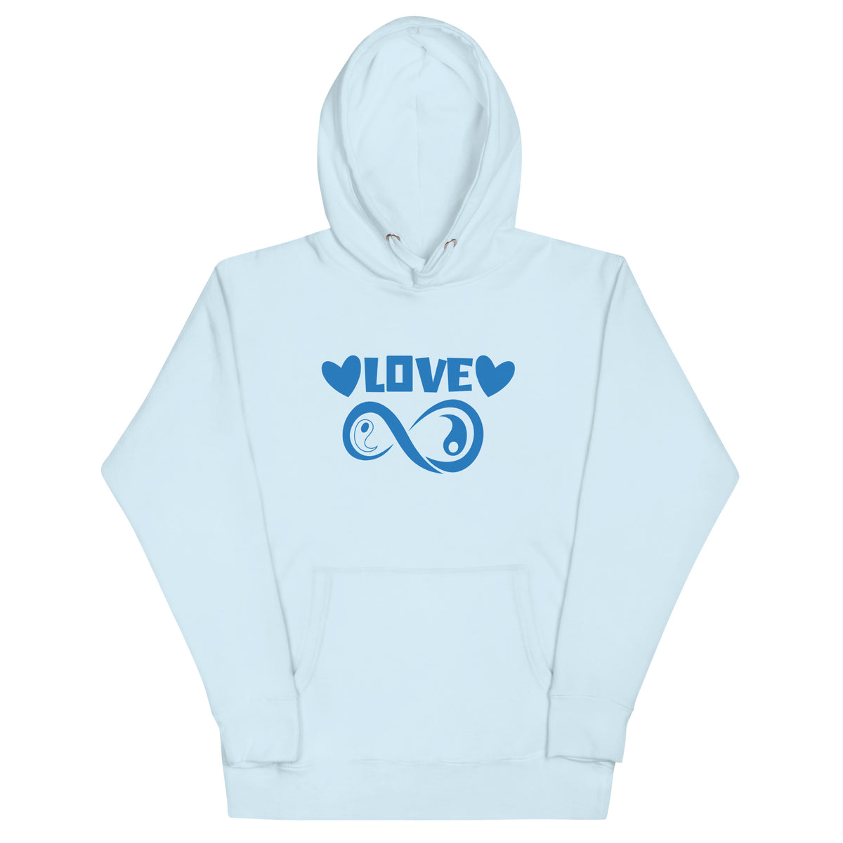 Infinite Love design on a sky blue unisex hoodie, front view