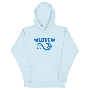 Infinite Love design on a sky blue unisex hoodie, front view