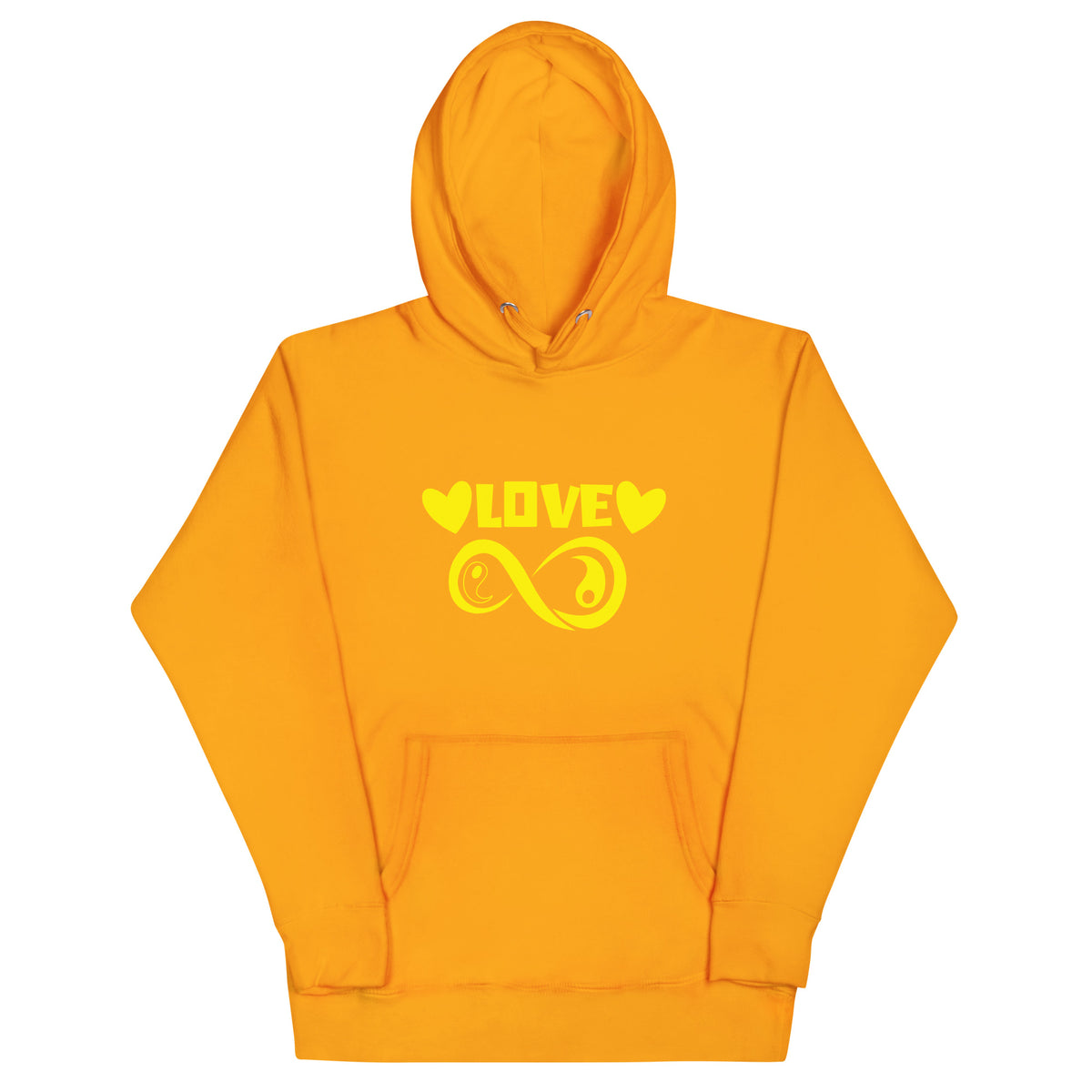 Infinite Love design on a team gold unisex hoodie, front view