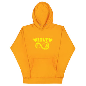 Infinite Love design on a team gold unisex hoodie, front view
