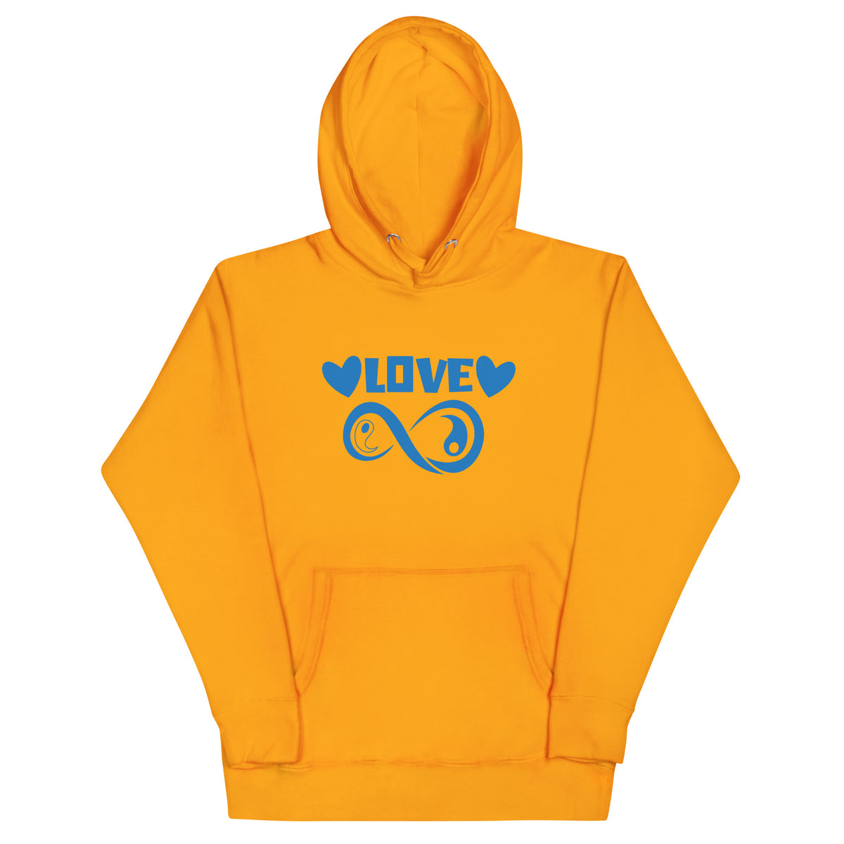 Infinite Love design on a team gold unisex hoodie, front view