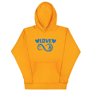 Infinite Love design on a team gold unisex hoodie, front view