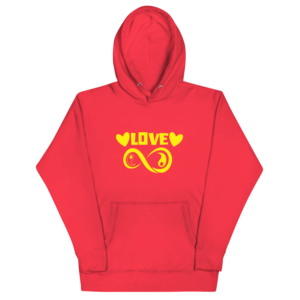 Infinite Love design on a team red unisex hoodie, front view
