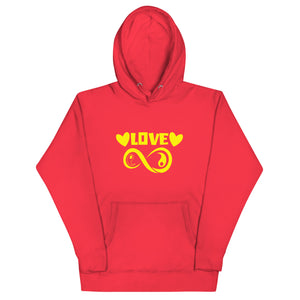 Infinite Love design on a team red unisex hoodie, front view