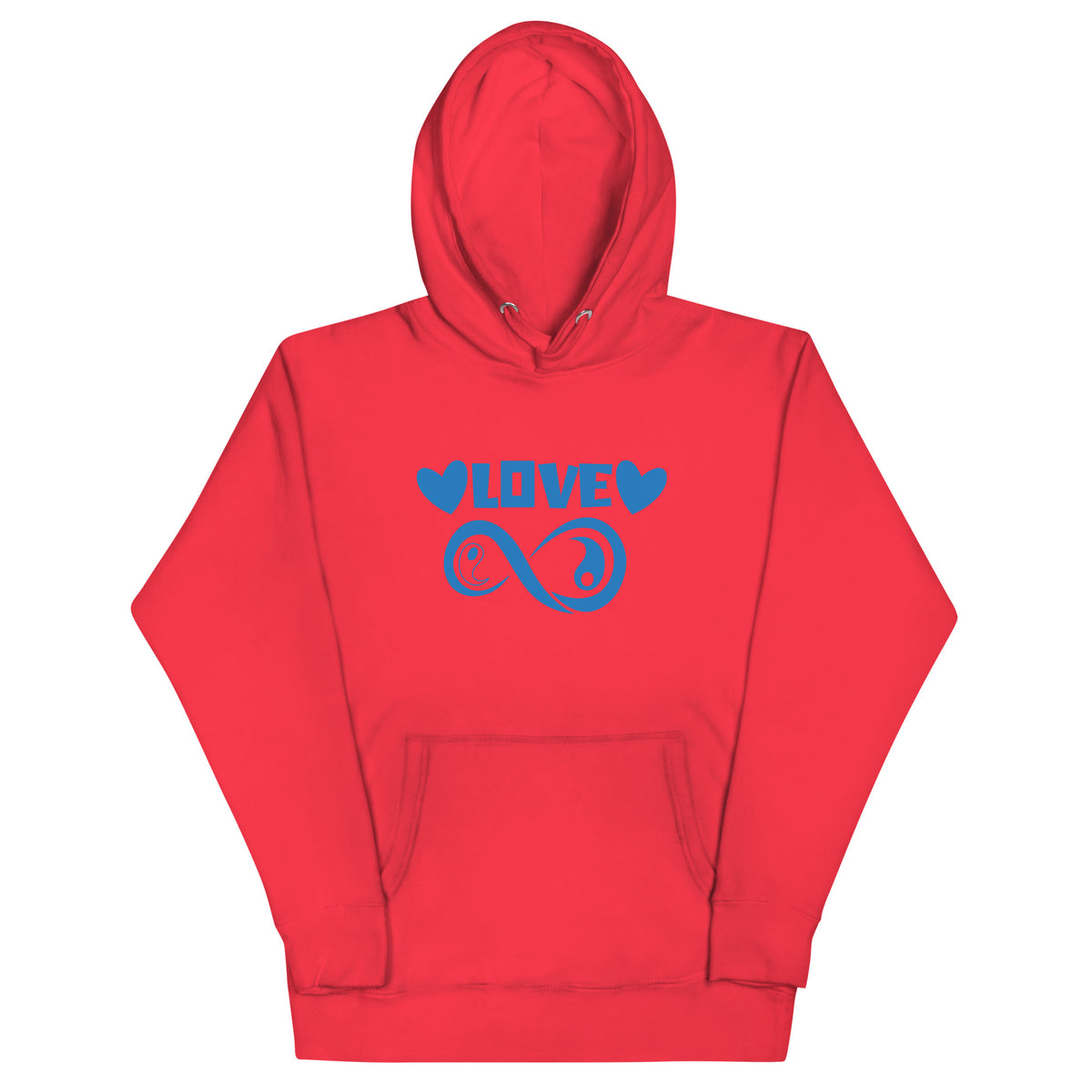Infinite Love design on a team red unisex hoodie, front view