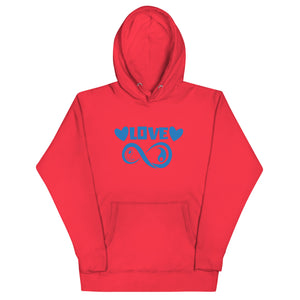 Infinite Love design on a team red unisex hoodie, front view