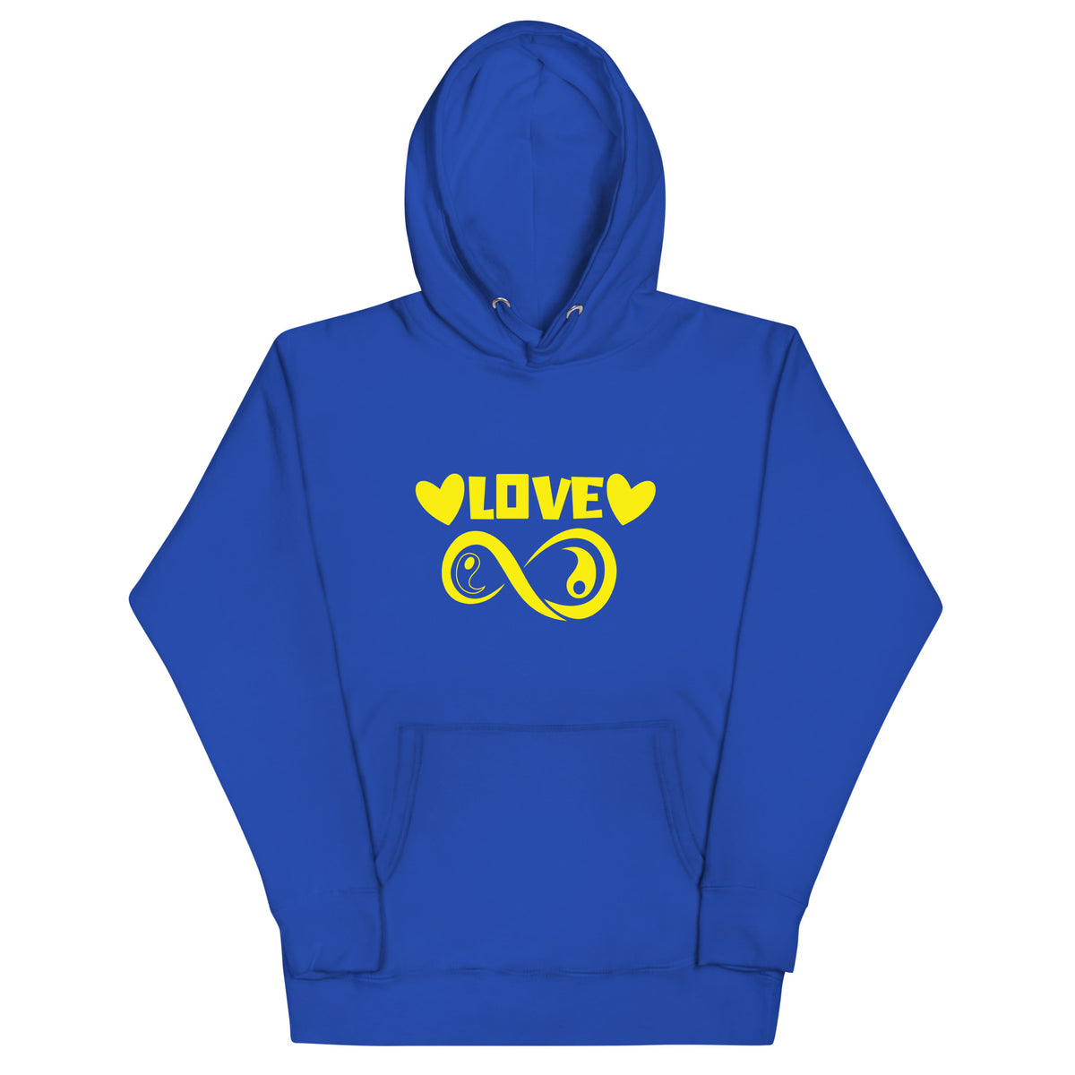Infinite Love design on a team royal unisex hoodie, front view