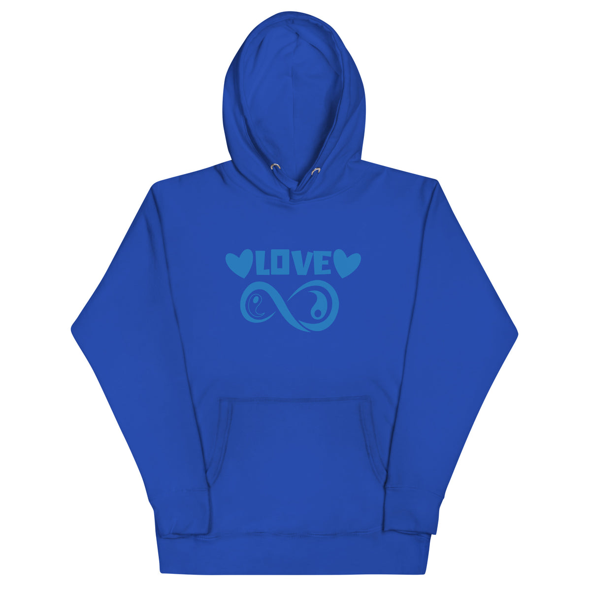 Infinite Love design on a team royal unisex hoodie, front view