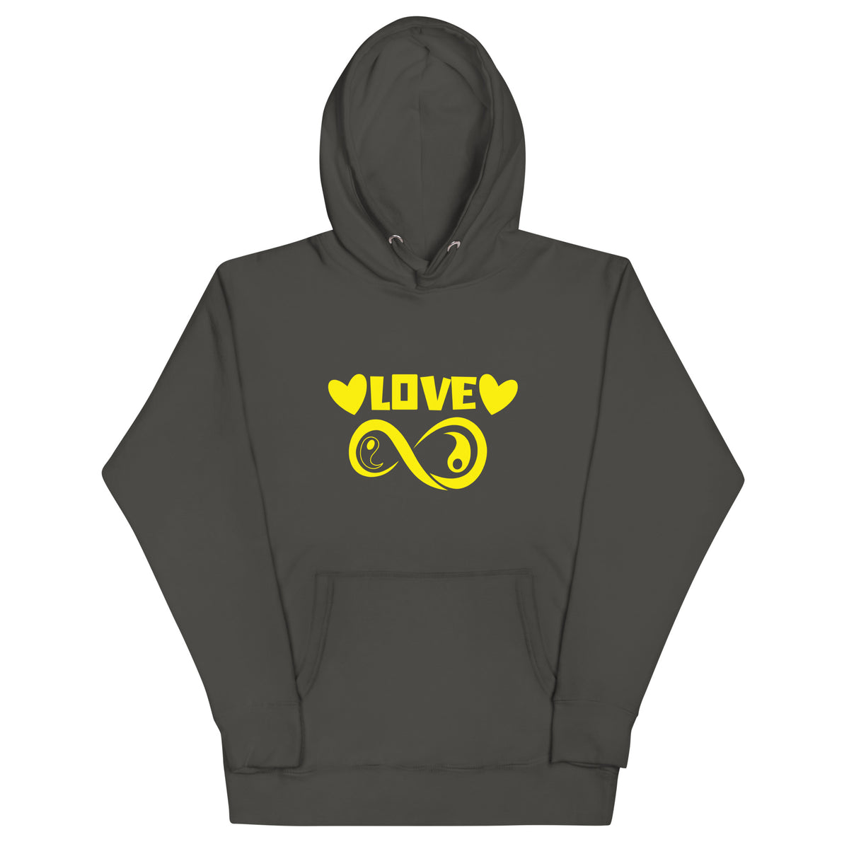 Infinite Love design on a vintage black unisex hoodie, front view