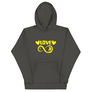 Infinite Love design on a vintage black unisex hoodie, front view