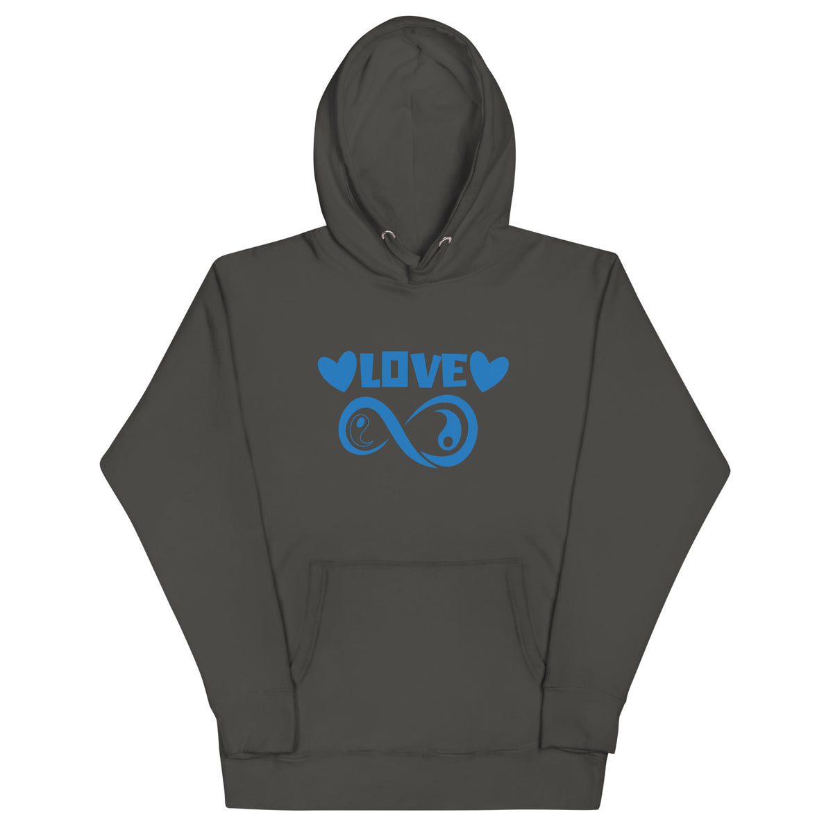 Infinite Love design on a vintage black unisex hoodie, front view