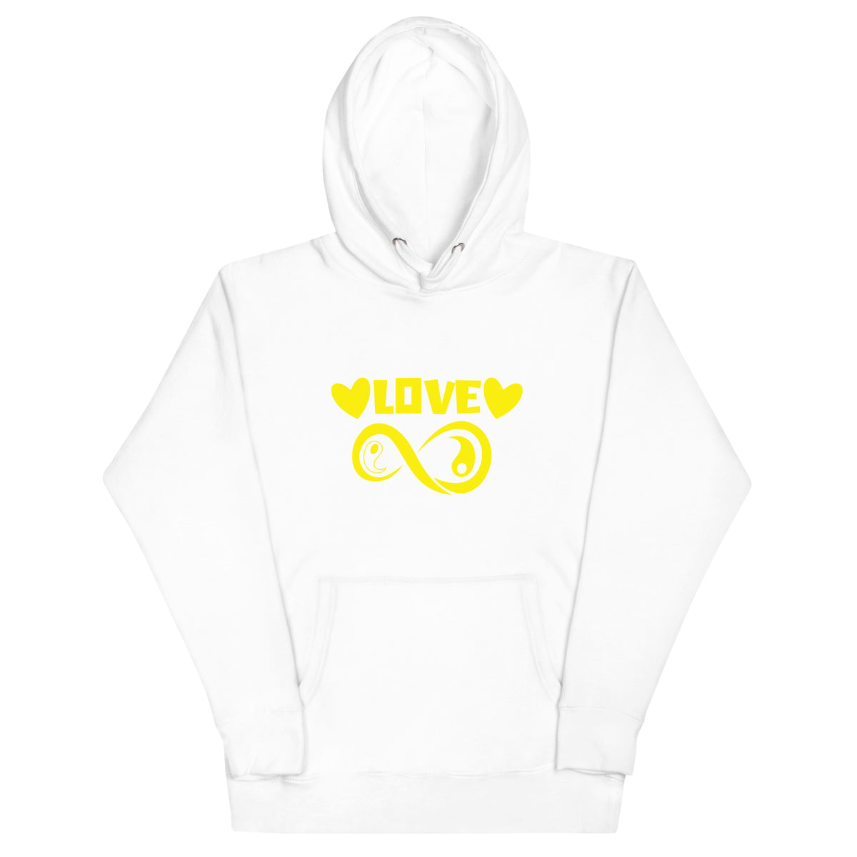 Infinite Love design on a white unisex hoodie, front view