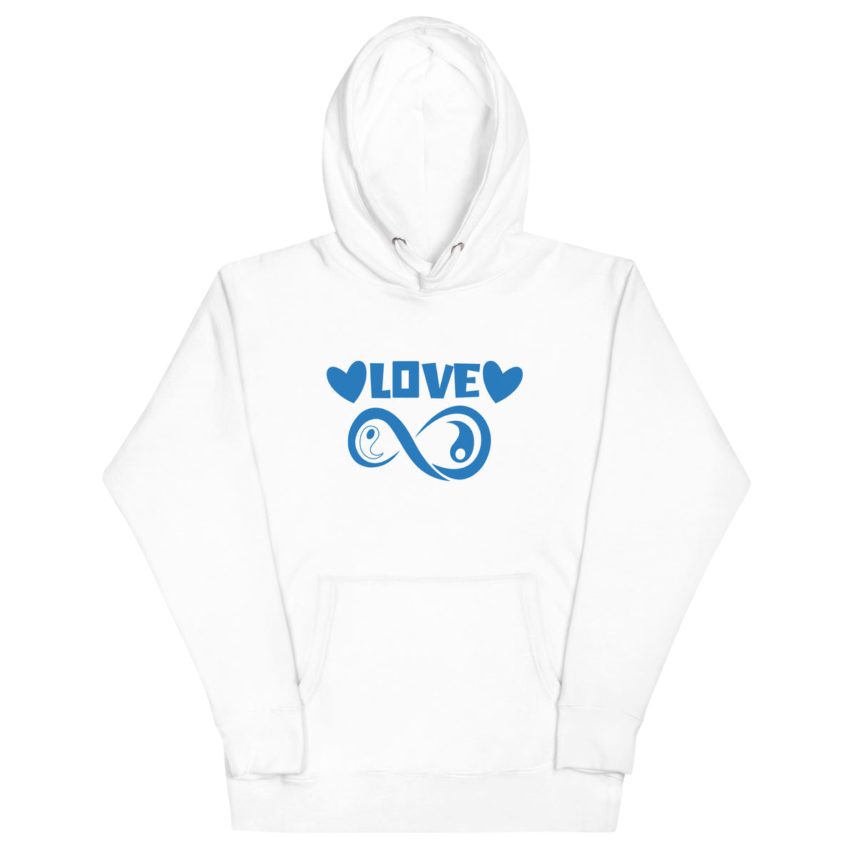 Infinite Love design on a white unisex hoodie, front view