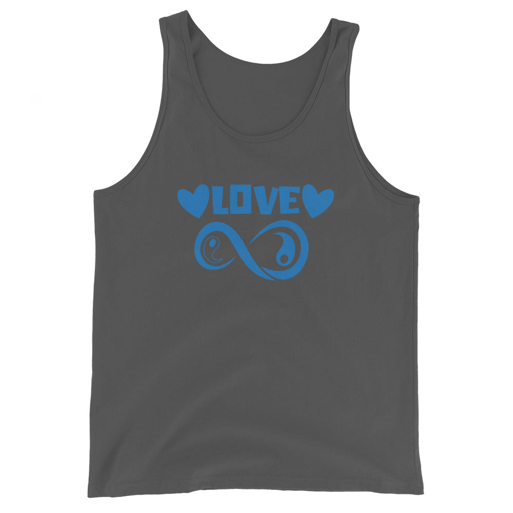 Infinite Love design on an asphalt unisex tank top, front view