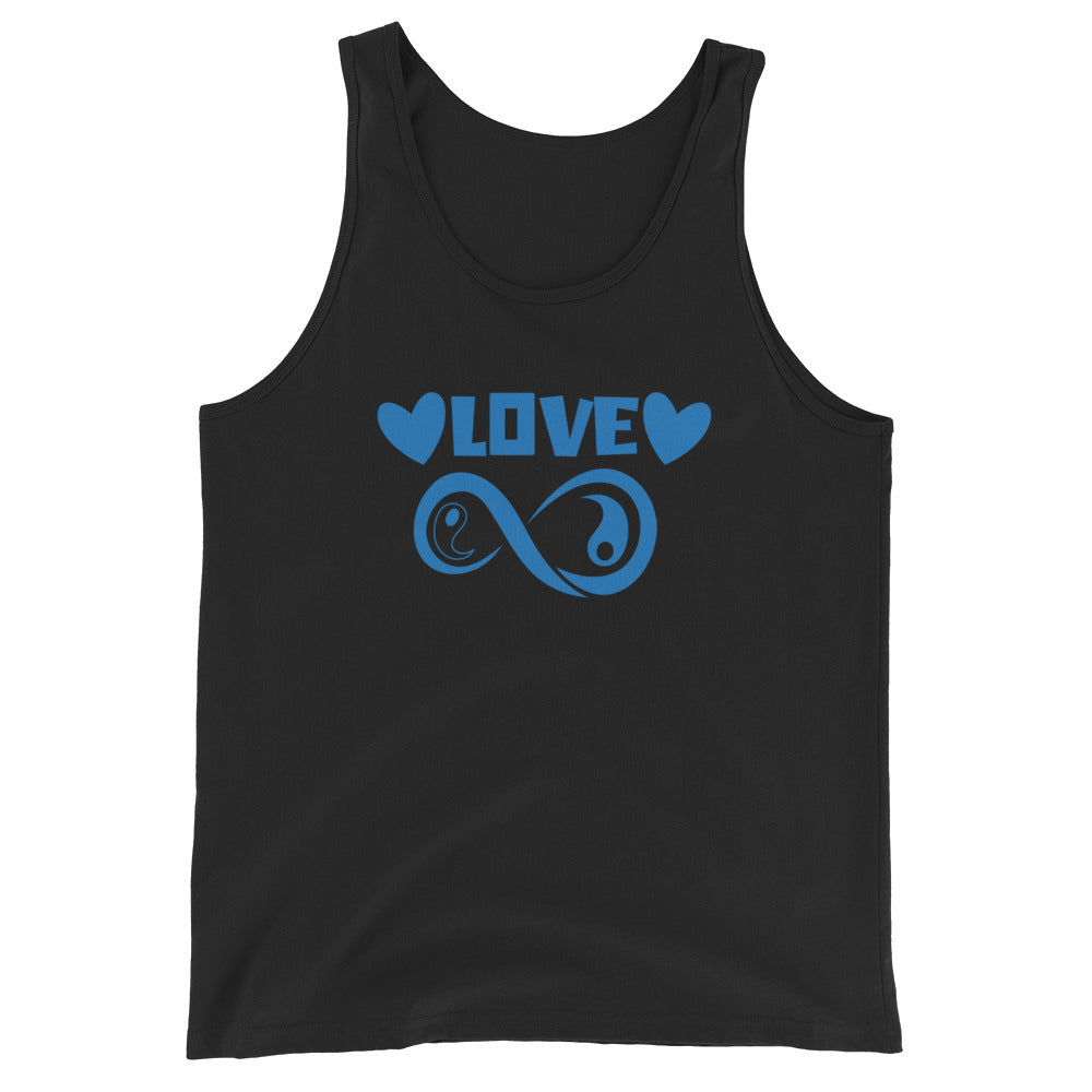 Infinite Love design on a black unisex tank top, front view