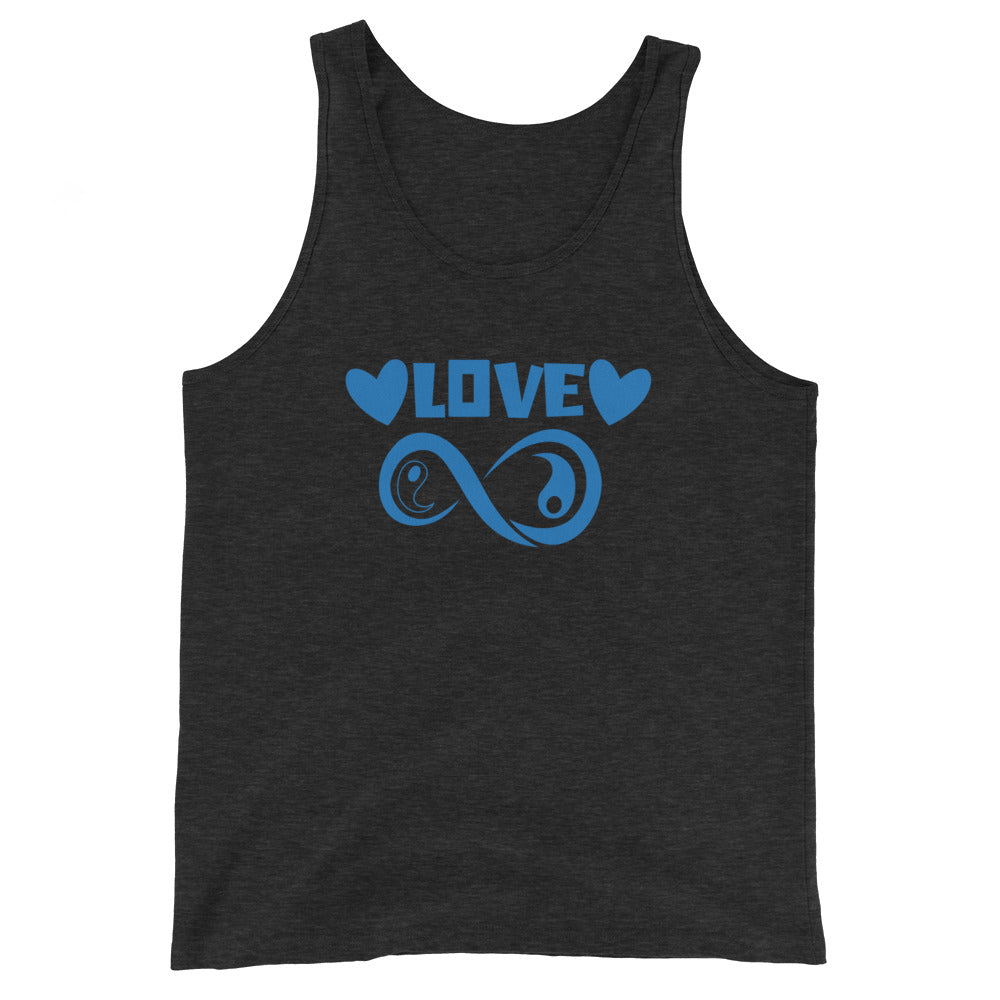 Infinite Love design on a charcoal black triblend unisex tank top, front view