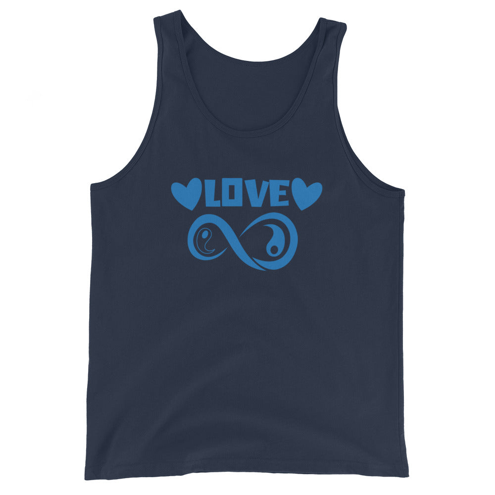 Infinite Love design on a navy unisex tank top, front view
