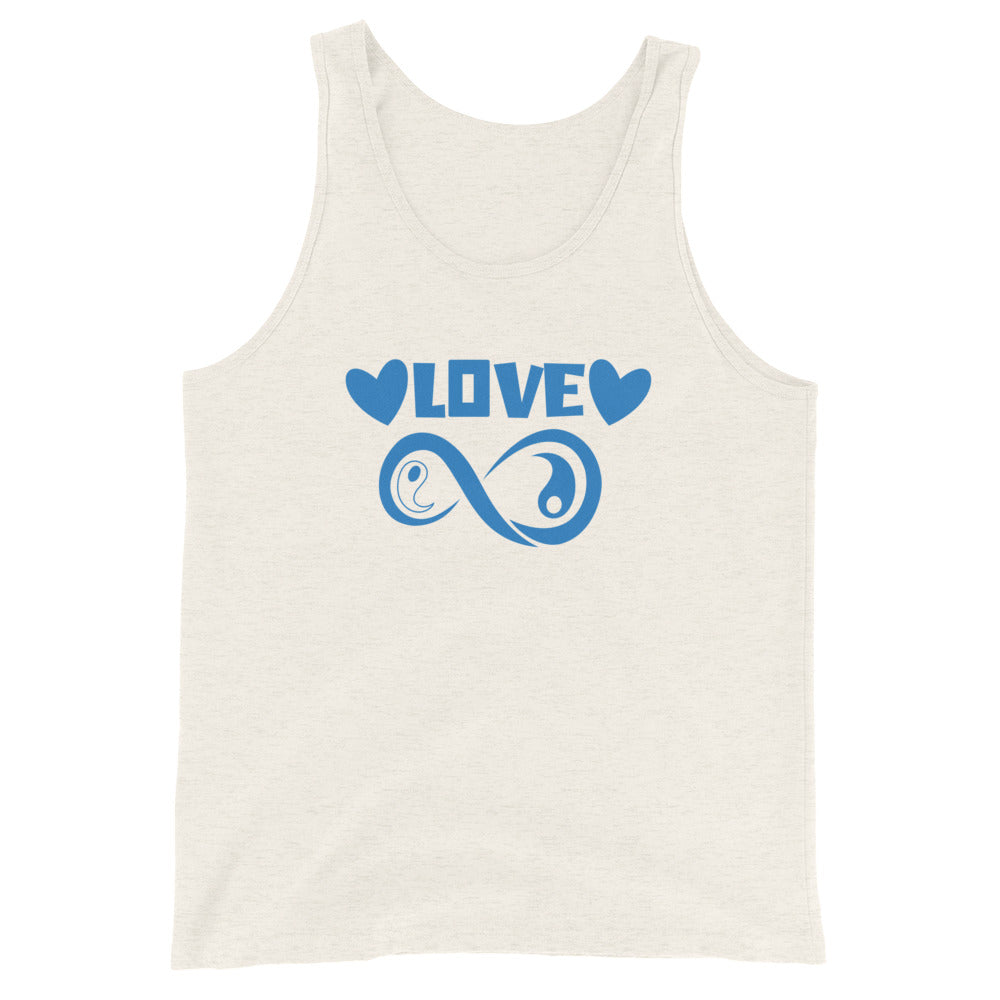 Infinite Love design on an oatmeal triblend unisex tank top, front view