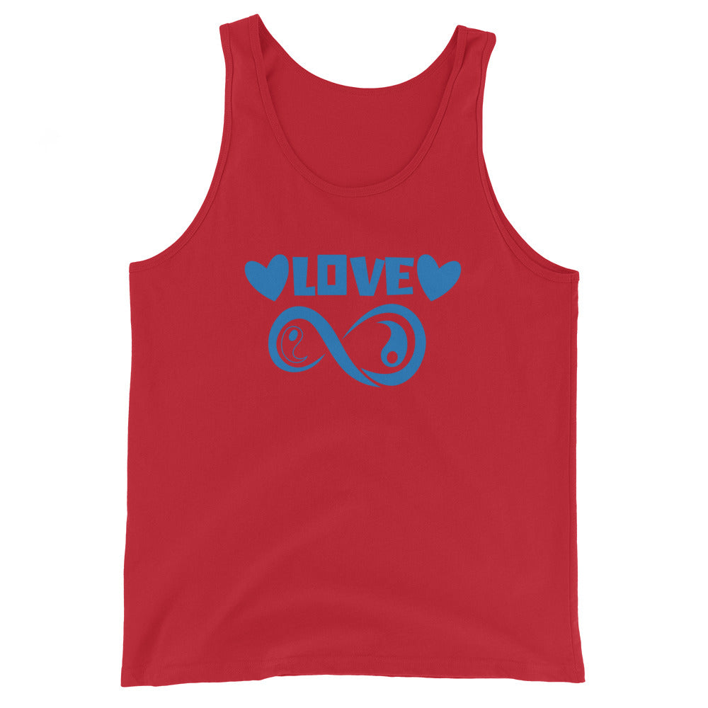 Infinite Love design on a red unisex tank top, front view