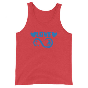 Infinite Love design on a red triblend unisex tank top, front view