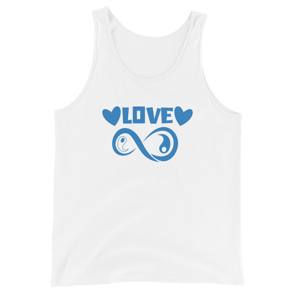 Infinite Love design on a white unisex tank top, front view