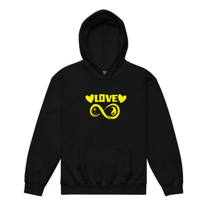 Infinite Love design on a black youth hoodie, front view