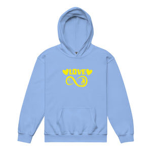 Infinite Love design on a carolina blue youth hoodie, front view