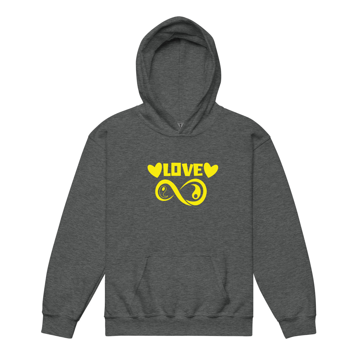 Infinite Love design on a dark heather youth hoodie, front view
