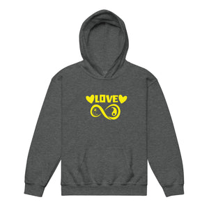 Infinite Love design on a dark heather youth hoodie, front view