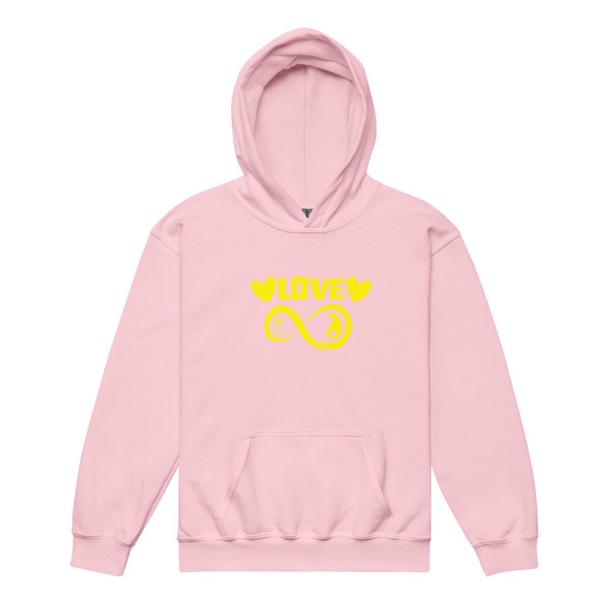 Infinite Love design on a light pink youth hoodie, front view