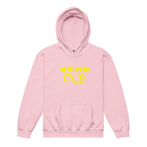 Infinite Love design on a light pink youth hoodie, front view
