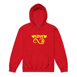 Infinite Love design on a red youth hoodie, front view