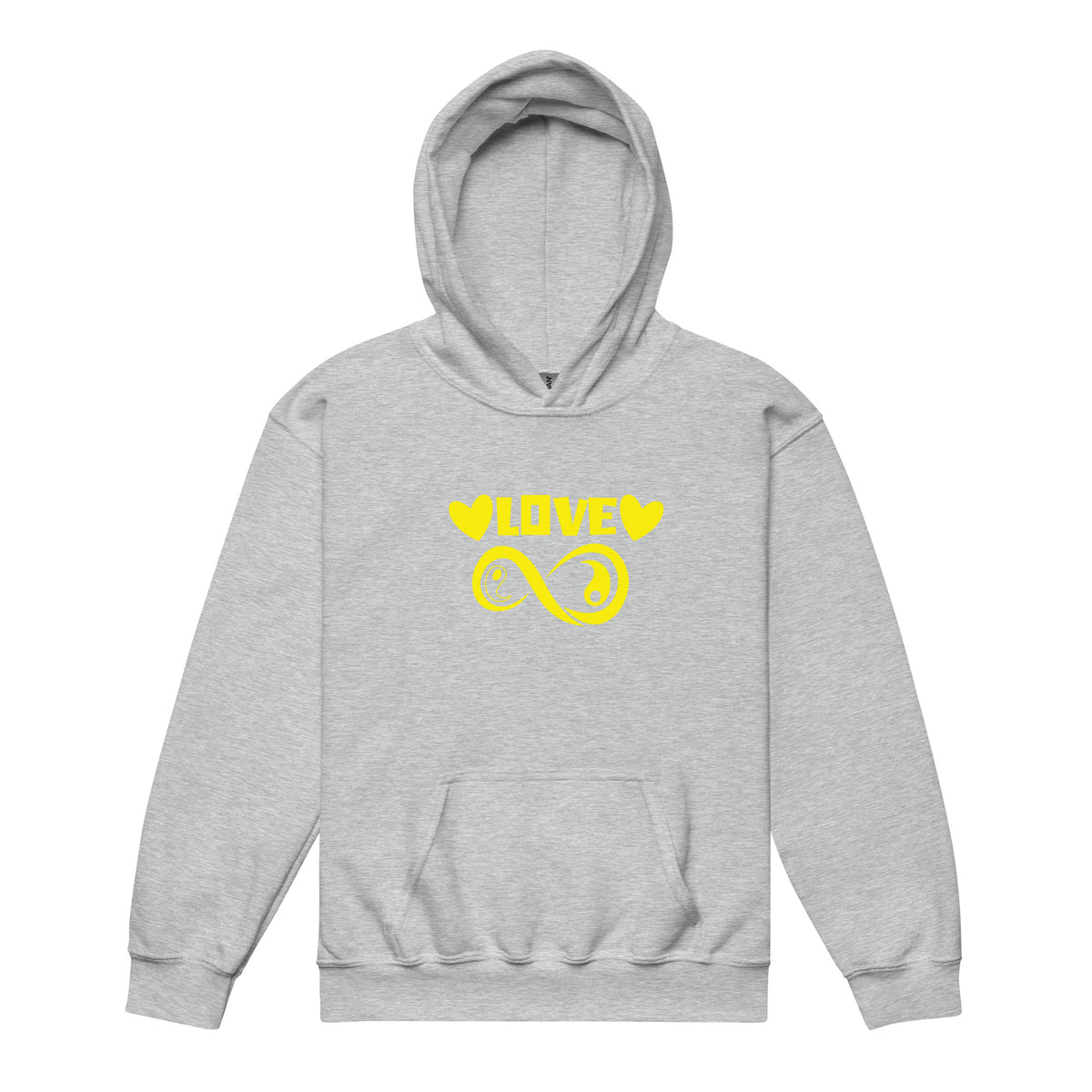Infinite Love design on a sport grey youth hoodie, front view