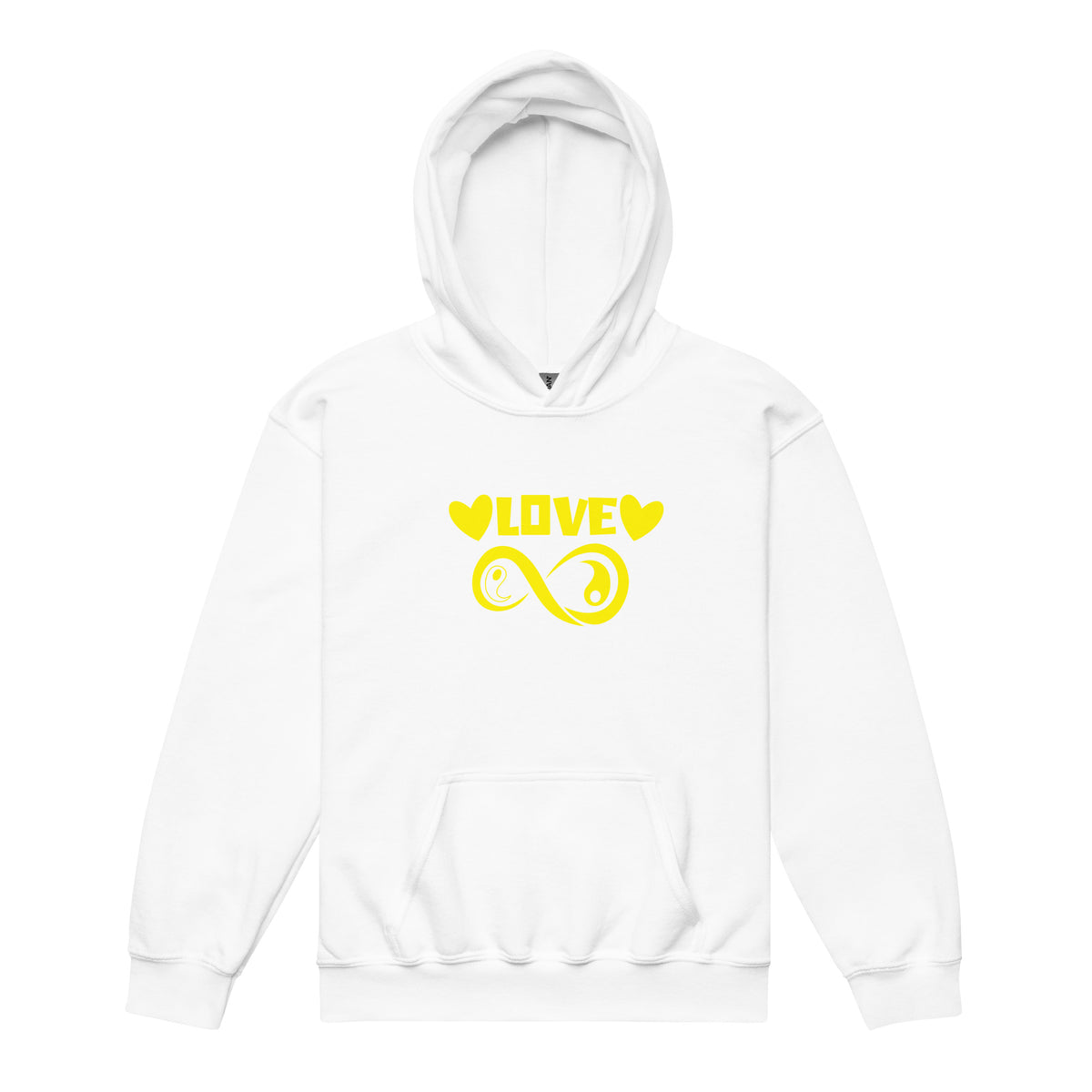 Infinite Love design on a white youth hoodie, front view