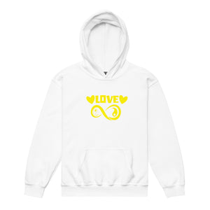 Infinite Love design on a white youth hoodie, front view