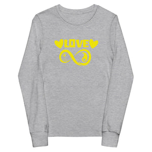Infinite Love design on an athletic heather youth long sleeve tee, front view
