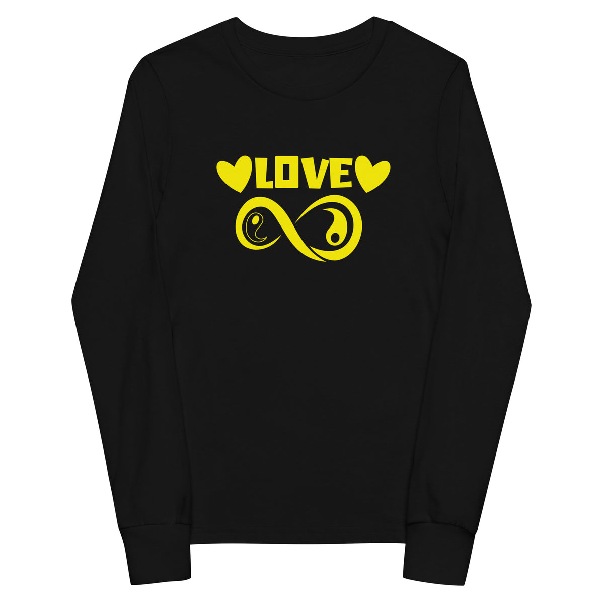 Infinite Love design on a black youth long sleeve tee, front view