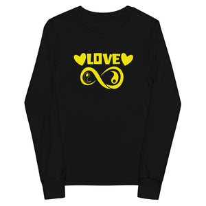 Infinite Love design on a black youth long sleeve tee, front view