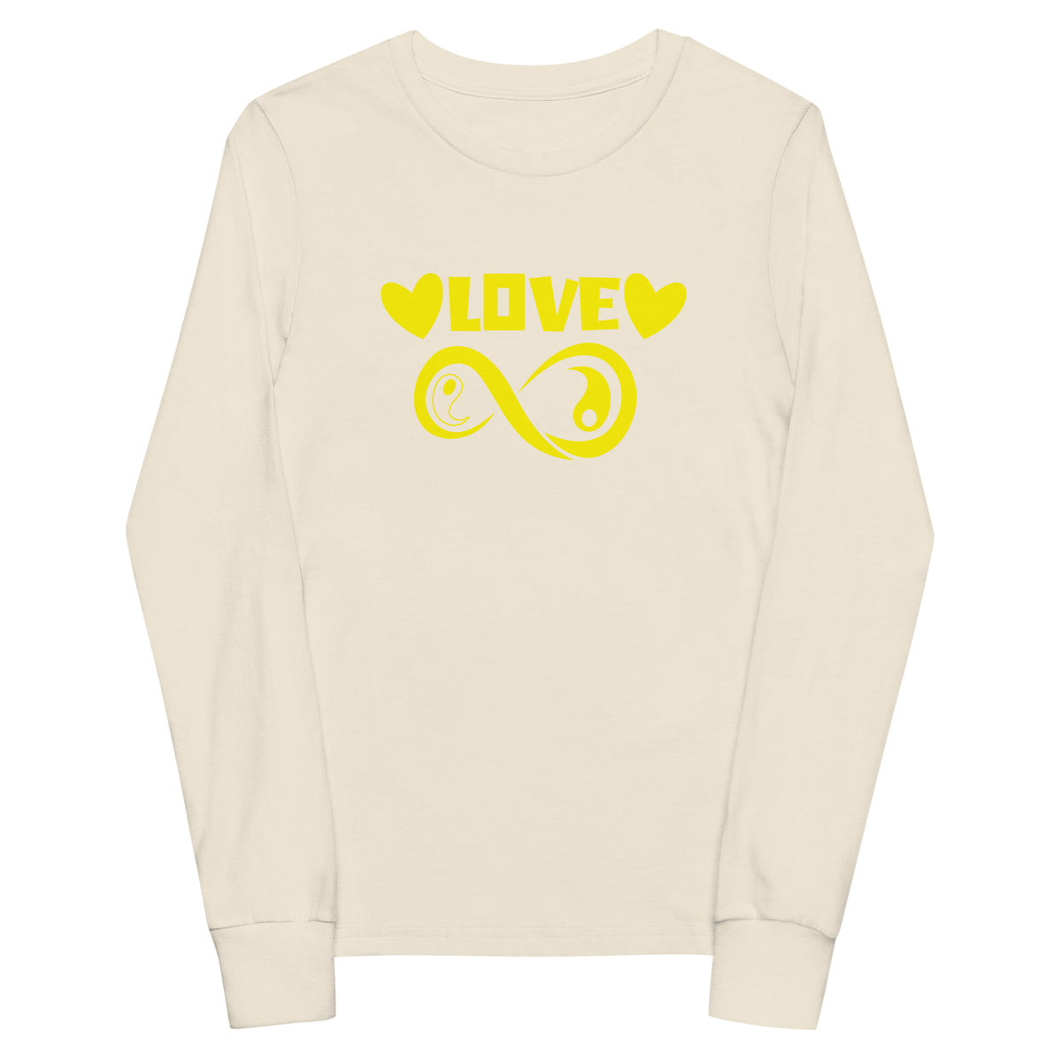 Infinite Love design on a natural youth long sleeve tee, front view