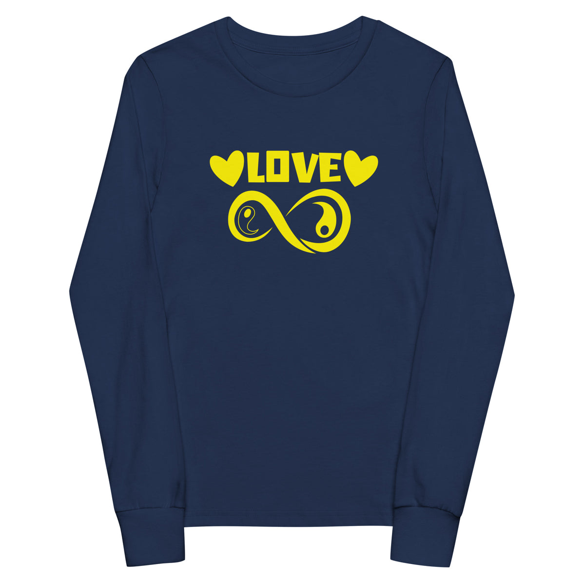 Infinite Love design on a navy youth long sleeve tee, front view
