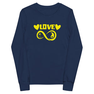Infinite Love design on a navy youth long sleeve tee, front view