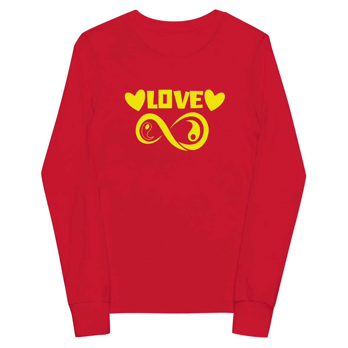 Infinite Love design on a red youth long sleeve tee, front view