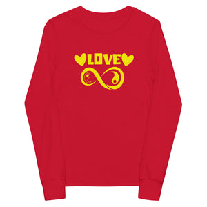 Infinite Love design on a red youth long sleeve tee, front view