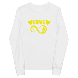 Infinite Love design on a white youth long sleeve tee, front view