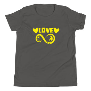 Infinite Love design on an asphalt youth tee, front view
