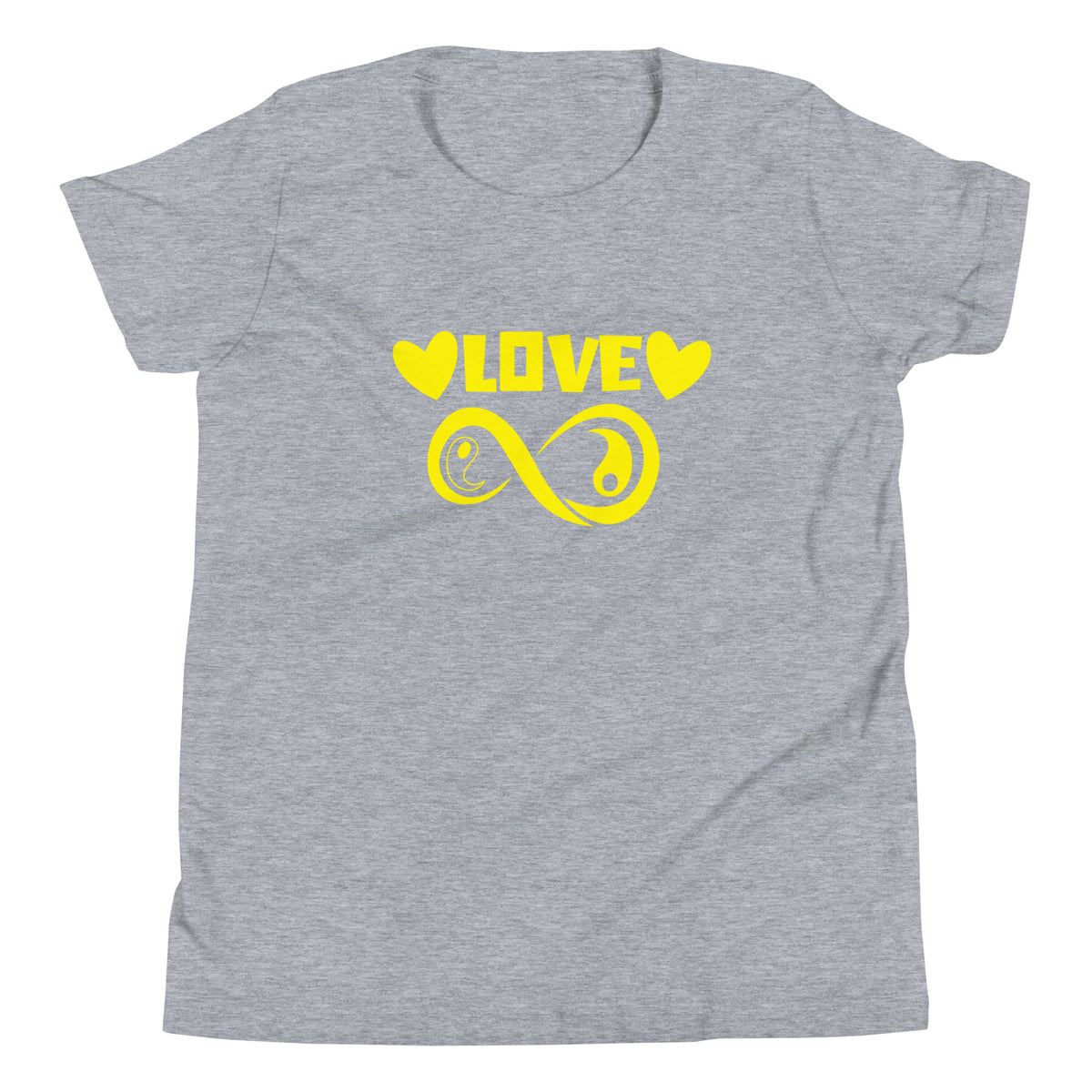 Infinite Love design on an athletic heather youth tee, front view
