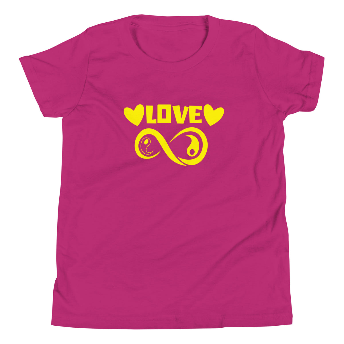 Infinite Love design on a berry youth tee, front view